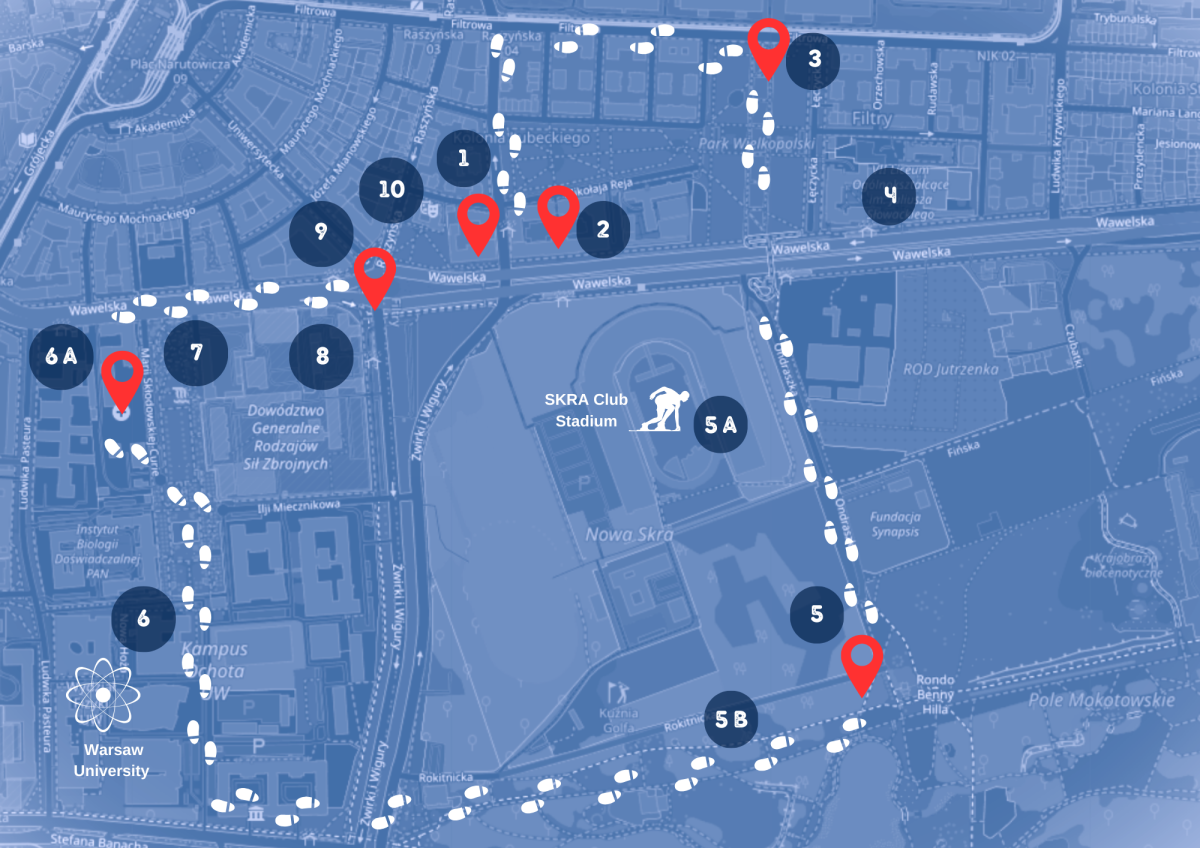 The map of the Ochota district with the walk route and the stops highlighted.